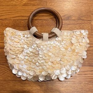 Zara Cream Sequin Shell Tote with Wooden Ring Handles